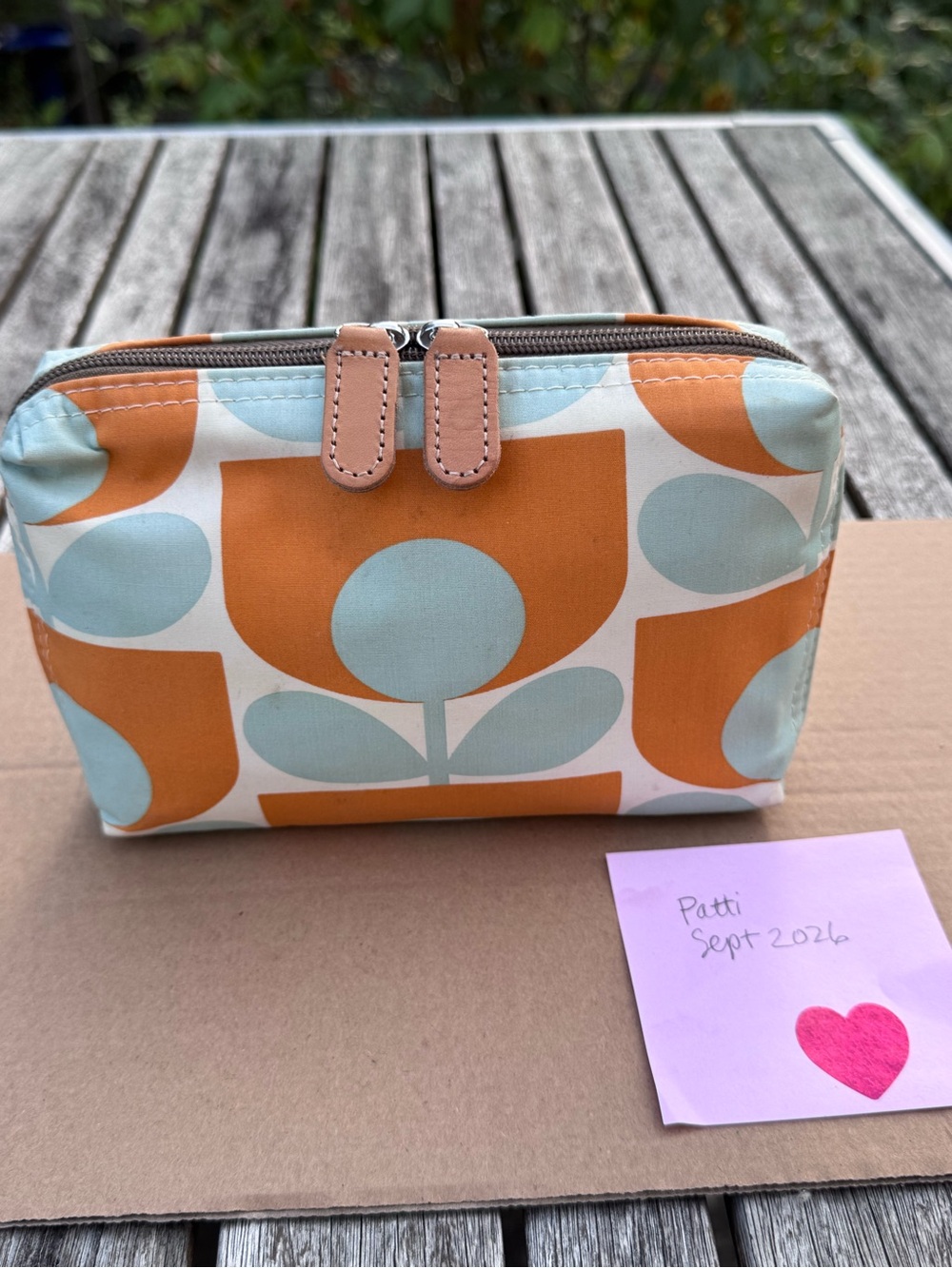 Orla Kiely Cosmetic Case with leather trim. Zip closure